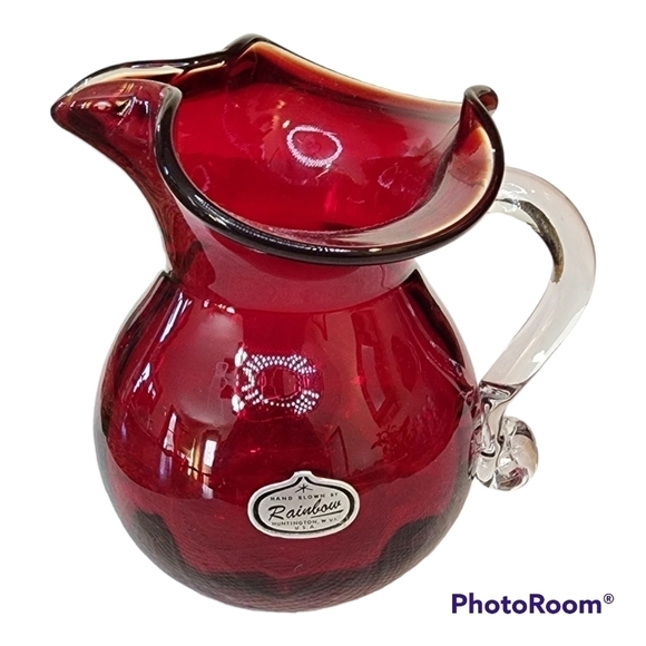 Vintage Hand Blown Rainbow Co. Deep Red Pitcher Creamer Vase Applied Handle W.V. - Picture 1 of 9